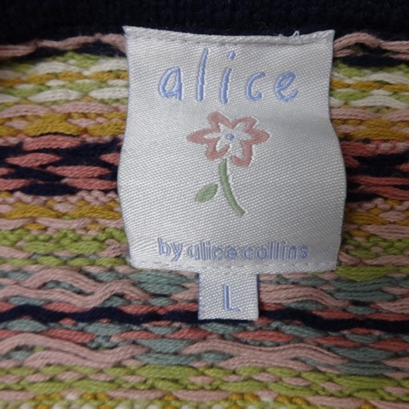 Large Roomie Dk Blue Sweater all Cotton w Flowers with stripes - Picture 2 of 7